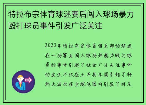 特拉布宗体育球迷赛后闯入球场暴力殴打球员事件引发广泛关注 特拉布宗体育球迷赛后闯入球场暴力殴打球员事件引发广泛关注